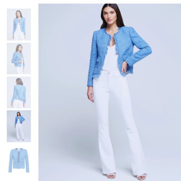 L'Agence Angelina Tweed Fringe Blazer in Riviera Blue in Size 8 Strong Shoulders - Picture 4 of 13
